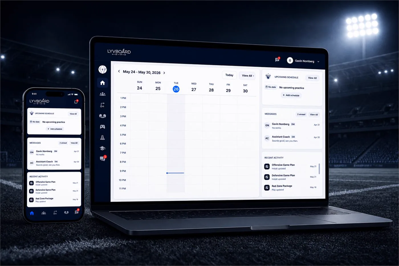 Lyvboard dashboard shown on a laptop and phone in a football stadium